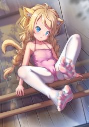Rule 34 | 1girl, absurdres, animal ear fluff, animal ears, blonde hair, blue eyes, blush, braid, cat girl, commission, feet, foot focus, foreshortening, halterneck, highres, huan yu, long hair, looking at viewer, on railing, original, pantyhose, pixiv commission, railing, see-through, soles, solo, spread legs, spread toes, tail, thighs, toes, twin braids, white pantyhose, wooden floor