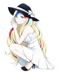 Rule 34 | 10s, 1girl, alternate costume, alternate headwear, armpits, bare arms, bare shoulders, black footwear, black hat, blonde hair, blue eyes, blue hair, blush, bow, casual, closed mouth, commandant teste (kancolle), dress, fedora, from side, full body, hands up, hat, hat bow, hat ribbon, high heels, jewelry, kantai collection, legs together, long hair, looking at viewer, looking to the side, morinaga miki, multicolored hair, no legwear, no socks, own hands together, red hair, ribbon, ring, shoes, simple background, sleeveless, sleeveless dress, smile, solo, squatting, streaked hair, sun hat, sundress, swept bangs, very long hair, wavy hair, white background, white bow, white dress, white hair, white ribbon