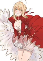 Rule 34 | 1girl, blonde hair, breasts, cleavage, dress, fate (series), gold can, green eyes, highres, medium breasts, nero claudius (fate), nero claudius (fate) (all), red dress, short hair, smile, solo, white background