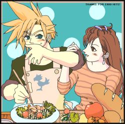 Rule 34 | 1990s (style), alternate hairstyle, apple, apron, baguette, blush, bread, breasts, chopsticks, cloud strife, cooking, couple, final fantasy, final fantasy vii, food, fruit, large breasts, lowres, salad, tifa lockhart