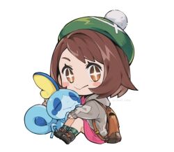 Rule 34 | + +, 1girl, :t, backpack, bag, blush stickers, boots, brown bag, brown eyes, brown hair, cable knit, cardigan, chibi, closed mouth, collared dress, commentary, creatures (company), dress, game freak, gen 8 pokemon, gloria (pokemon), green headwear, green socks, grey cardigan, hat, holding, holding pokemon, hooded cardigan, nintendo, pink dress, plaid socks, pokemon, pokemon (creature), pokemon swsh, simple background, sitting, sobble, socks, symbol-only commentary, tako2 eaka, tam o&#039; shanter, twitter username, watermark, white background