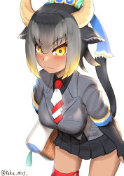 Rule 34 | 1girl, animal ears, arms at sides, black hair, blonde hair, blush, breast pocket, breasts, closed mouth, commentary request, cowboy shot, dress shirt, elbow gloves, fingerless gloves, gloves, goshingyu-sama (kemono friends), grey hair, hair ornament, highres, holding, horns, jacket, kashisu mint, kemono friends, leaning forward, looking at viewer, medium hair, miniskirt, multicolored hair, necktie, ox ears, ox girl, ox horns, pleated skirt, pocket, shirt, simple background, skirt, smile, solo, tail, tan, taut clothes, taut jacket, thigh strap, twitter username, two-tone necktie, two-tone neckwear, white background, yellow eyes, yellow horns