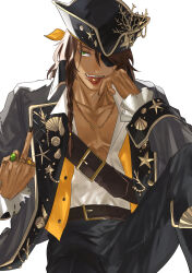 Rule 34 | 1boy, belt, bishounen, black hat, black pants, braid, brown belt, brown hair, coin, collarbone, dark-skinned male, dark skin, eyepatch, gold coin, gold necklace, hat, highres, jewelry, leona kingscholar, long hair, male focus, middle finger, mirin (coene65), multiple rings, necklace, object on tongue, pants, pectorals, pirate costume, pirate hat, ring, scar, scar across eye, shirt, simple background, sitting, solo, twisted wonderland, white background, white shirt