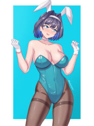 Rule 34 | 1girl, absurdres, animal ears, azurecruiser, black hair, blue background, blue eyes, blue hair, blue leotard, breasts, brown pantyhose, choker, colored inner hair, covered navel, gloves, hair intakes, highres, hololive, hololive english, large breasts, leotard, multicolored hair, ouro kronii, pantyhose, playboy bunny, rabbit ears, strapless, strapless leotard, thighband pantyhose, twitter username, virtual youtuber, white choker, white gloves