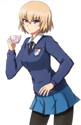 Rule 34 | 1girl, aged up, alternate costume, black pantyhose, blonde hair, blue eyes, blue skirt, blue sweater, bob cut, closed mouth, commentary, cowboy shot, cup, dress shirt, emblem, fang, frown, girls und panzer, glaring, half-closed eyes, highres, holding, holding cup, katyusha (girls und panzer), leaning forward, light blush, long sleeves, looking at viewer, miniskirt, necktie, omachi (slabco), pantyhose, pleated skirt, school uniform, shirt, short hair, simple background, skirt, solo, st. gloriana&#039;s (emblem), st. gloriana&#039;s school uniform, standing, sweater, teacup, v-neck, white background, white shirt, wing collar