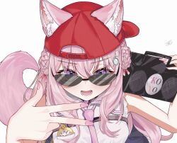 Rule 34 | 1girl, animal ear fluff, animal ears, baseball cap, boombox, braid, braided bun, chemical structure, coyote girl, fang, from above, hair bun, hair ornament, hakui koyori, hat, holding boombox, hololive, long hair, looking at viewer, necktie, open mouth, pink hair, pink nails, pink necktie, pocket watch, purple eyes, shirt, signature, simple background, sleeveless, sleeveless shirt, smile, solo, sunglasses, tail, takion, upper body, v-shaped eyebrows, virtual youtuber, w, watch, white background, white shirt