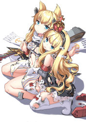 Rule 34 | 2girls, absurdres, anchor symbol, animal ears, azur lane, black dress, black hairband, blonde hair, blue eyes, boots, bow, breasts, broken, cat ears, closed mouth, covering privates, covering breasts, crown, dirty, dirty face, dress, fingernails, hair between eyes, hair bow, hairband, headgear, highres, kikimi, kneeling, long hair, looking at viewer, mini crown, multiple girls, nail polish, queen elizabeth (azur lane), scarf, unworn scarf, simple background, sitting, small breasts, sword, thigh boots, thighhighs, tongue, tongue out, torn boots, torn clothes, torn dress, torn legwear, very long hair, warspite (azur lane), weapon, white background, white bow, white footwear, white legwear, white nails, yokozuwari