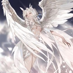 Rule 34 | 1girl, absurdres, bird wings, breasts, feathered wings, feathers, from below, grey eyes, highres, jung wonjo, looking to the side, medium breasts, monster girl, original, parted lips, signature, solo, talons, underboob, white hair, white theme, wings