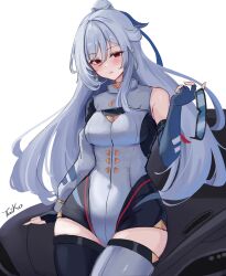 Rule 34 | 1girl, absurdres, asymmetrical legwear, bare shoulders, black thighhighs, blush, breasts, commentary, covered navel, elbow gloves, fingerless gloves, gloves, grey hair, grey thighhighs, highres, holding, holding removed eyewear, honkai: star rail, honkai (series), jingliu (honkai: star rail), long hair, looking at viewer, mismatched legwear, parted lips, red eyes, simple background, small breasts, solo, sunglasses, taiko bo, thighhighs, unworn eyewear, very long hair, white background
