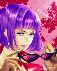 Rule 34 | 1girl, belo betty, blue eyes, bob cut, close-up, collared shirt, commentary request, detective 0414, flower, gloves, happy birthday, highres, holding, holding removed eyewear, light smile, looking at viewer, one piece, purple hair, red shirt, shirt, short hair, solo, twitter username, unworn eyewear