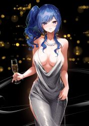 Rule 34 | 1girl, absurdres, azur lane, bare shoulders, blue hair, blush, breasts, cleavage, collarbone, cup, dress, drinking glass, earrings, evening gown, hair ornament, hairclip, halter dress, halterneck, highres, jewelry, large breasts, long hair, looking at viewer, nail polish, necklace, nylon (nylon 100%), pink eyes, plunging neckline, side ponytail, sidelocks, silver dress, smile, solo, st. louis (azur lane), st. louis (luxurious wheels) (azur lane), swept bangs
