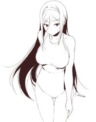 Rule 34 | 10s, 1girl, breasts, dated, hair between eyes, hairband, hand on thigh, hyouka, irisu fuyumi, large breasts, lineart, long hair, monochrome, one-piece swimsuit, sasamori tomoe, solo, sweat, swimsuit, thigh gap, very long hair