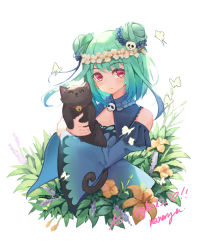 Rule 34 | animal, bare shoulders, black cat, bug, butterfly, cat, flower, green hair, hair bun, hair ornament, highres, holding, holding animal, hololive, insect, jewelry, long sleeves, looking at viewer, naimiaomiaomiaomiao, necklace, red eyes, single hair bun, skull hair ornament, skull necklace, solo, uruha rushia, uruha rushia (1st costume), virtual youtuber, wide sleeves