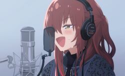Rule 34 | 1girl, :d, aroha j, blue jacket, blush, bocchi the rock!, cable, color banding, eyelashes, green eyes, grey background, hair between eyes, hair over one eye, hasegawa ikumi, headphones, highres, jacket, kita ikuyo, microphone, microphone stand, music, one eye covered, open clothes, open jacket, open mouth, pop filter, portrait, real life, red hair, side ponytail, sidelocks, simple background, singing, smile, solo, sony, studio microphone, sweat, sweater, the first take, turtleneck, turtleneck sweater, voice actor, voice actor connection