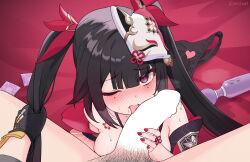 Rule 34 | 1boy, 1girl, bare shoulders, black gloves, blank censor, blush, bow, breasts, brown hair, caelus (honkai: star rail), censored, condom, fellatio, fox mask, gloves, grabbing another&#039;s hair, hair between eyes, hair bow, highres, hitachi magic wand, honkai: star rail, honkai (series), large breasts, licking, licking penis, long bangs, long hair, looking at viewer, male pubic hair, mask, mask on head, miiruel, nail polish, nose blush, on bed, one eye closed, open mouth, oral, panties, penis, pink eyes, pov, pov crotch, pubic hair, red bow, red nails, sex toy, sidelocks, signature, solo focus, sparkle (honkai: star rail), spread legs, tongue, tongue out, trailblazer (honkai: star rail), twintails, underwear, unworn panties, vibrator