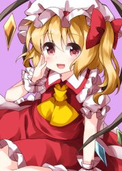Rule 34 | 1girl, ascot, blonde hair, collared shirt, crystal, flandre scarlet, frilled skirt, frills, hair between eyes, hand on own face, hat, hat ribbon, highres, medium hair, mob cap, open mouth, puffy short sleeves, puffy sleeves, purple background, red eyes, red ribbon, red skirt, red vest, ribbon, ruu (tksymkw), shirt, short sleeves, side ponytail, simple background, sitting, skirt, skirt set, smile, solo, touhou, vest, white hat, white shirt, wings, wrist cuffs, yellow ascot