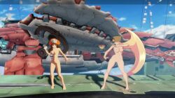 2girls 3d anchor animated blonde_hair blue_eyes breasts brown_hair guilty_gear guilty_gear_strive hat may_(guilty_gear) millia_rage multiple_girls nipples nude nude_filter nude_mod orange_eyes sound tagme third-party_edit video