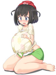 Rule 34 | 1girl, barefoot, beanie, bird, black hair, blue eyes, blush, creatures (company), feet, game freak, gen 7 pokemon, hat, mamo williams, nintendo, open mouth, owl, pokemon, pokemon (creature), pokemon sm, red hat, rowlet, selene (pokemon), shirt, short hair, short shorts, shorts, simple background, sitting, t-shirt, toes, under another&#039;s clothes, wariza, white background