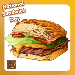 Rule 34 | artist logo, bread, cheese, food, food focus, food name, highres, lettuce, meat, no humans, original, pastrami, sandwich, tomato, yuki00yo