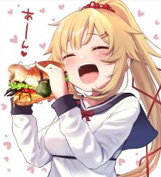 Rule 34 | 1girl, akai haato, akai haato (casual), akashi rokurou, bad food, black sailor collar, blonde hair, blush, bow, burger, cheese, dress, drooling, eating, flower, food, hair ornament, hairclip, heart, heart hair ornament, highres, holding, holding flower, hololive, long hair, long sleeves, nail polish, official alternate costume, open mouth, ponytail, red bow, red nails, red scrunchie, sailor collar, sailor dress, saliva, scorpion, scrunchie, solo, tomato, tomato slice, upper body, very long hair, virtual youtuber, white background, white dress