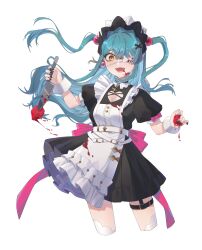 Rule 34 | 1girl, absurdres, apron, black dress, blood, blue hair, cleavage cutout, clothing cutout, cropped legs, dress, food, highres, holding, holding knife, karon (vtuber), kitchen knife, knife, long hair, maid, maid apron, maid headdress, meat, nijisanji, sakuun, simple background, smile, solo, teeth, thigh strap, thighhighs, twintails, virtual youtuber, virtuareal, white background, white thighhighs, wrist cuffs, yellow eyes