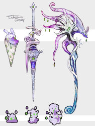 axe commentary_request creatures_(company) dated evolutionary_line game_freak gen_6_pokemon goodra goomy highres ice_cream_cone lance nintendo no_humans objectification pokemon pokemon_(creature) polearm signature sliggoo solid_circle_eyes sukepmonster weapon white_background