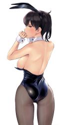 Rule 34 | 1girl, animal ears, ass, bare back, bare shoulders, black hair, blush, breasts, brown eyes, covering own mouth, detached collar, fake animal ears, from behind, hand over own mouth, highres, kaga (kancolle), kantai collection, large breasts, leotard, medium hair, pantyhose, playboy bunny, side ponytail, sideboob, simple background, solo, upper body, wa (genryusui), wardrobe malfunction, white background, wrist cuffs