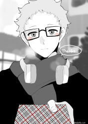 Rule 34 | 1boy, blush, english text, gift, glasses, greyscale, haikyuu!!, headphones, highres, holding, holding gift, looking at viewer, male focus, monochrome, outdoors, short hair, solo, spot color, standing, tomopiko 1224, tsukishima kei, upper body