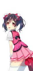 Rule 34 | 10s, 1girl, black hair, bow, earrings, gloves, hair bow, hair ribbon, highres, jewelry, kira-kira sensation!, leaning forward, love live!, love live! school idol project, miu91 (miu91 ), pink skirt, red bow, red eyes, red ribbon, ribbon, see-through, short hair, simple background, skirt, solo, star (symbol), star earrings, thighhighs, tongue, tongue out, twintails, white background, white gloves, white thighhighs, yazawa nico