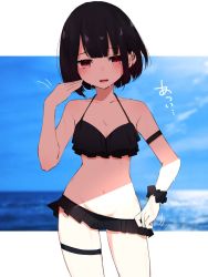 Rule 34 | 1girl, arm strap, bare arms, bare shoulders, bikini, bikini skirt, black bikini, black hair, blue sky, blurry, blurry background, breasts, cleavage, collarbone, commentary, cowboy shot, day, depth of field, groin, halterneck, halterneck, hand on own hip, hand up, horizon, hot, ichiki 1, looking at viewer, motion lines, navel, ocean, open mouth, original, pink eyes, short hair, sidelocks, sky, small breasts, solo, standing, sweat, swimsuit, thigh strap, translated