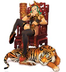 Rule 34 | 1girl, andrewcockroach, armband, black thighhighs, bottle, breasts, chair, drawing, fantasy, forehead, green hair, highres, holding, holding bottle, leotard, medium breasts, original, shoes, simple background, sitting, smile, solo, thighhighs, tiger, white background, wristband