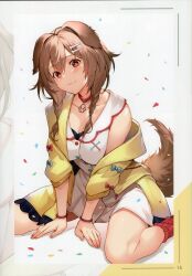 Rule 34 | 1girl, absurdres, animal ears, bare shoulders, blush, bone hair ornament, bracelet, braid, breasts, brown eyes, brown hair, buttons, cleavage, closed mouth, collar, collarbone, confetti, dog ears, dog tail, dress, fingernails, hair ornament, highres, hololive, inugami korone, jacket, jewelry, kakage, lips, long hair, looking at viewer, medium breasts, off shoulder, open clothes, open jacket, scan, short dress, simple background, sitting, smile, socks, tail, twin braids, twintails, virtual youtuber, wariza