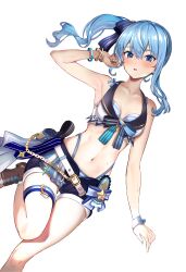 Rule 34 | 1girl, :o, absurdres, armpits, barefoot, belt, bikini, bikini under shorts, blue eyes, blue hair, blush, bracelet, breasts, collarbone, foot out of frame, highres, hololive, hololive summer 2023 swimsuit, hoshimachi suisei, jewelry, knee up, legs, looking at viewer, lying, navel, on back, open fly, open mouth, panty straps, pukara, short shorts, shorts, side ponytail, small breasts, solo, stomach, swimsuit, thigh strap, thighs, toeless footwear, towel, transparent background, virtual youtuber, white belt