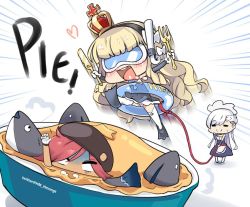 Rule 34 | 3girls, :d, azur lane, belfast (azur lane), beret, braid, chibi, crown, diving mask, drooling, fish, flippers, fork, french braid, goggles, hairband, hat, hm (hmongt), holding, innertube, jamaica (azur lane), jumping, knife, light brown hair, long hair, maid, maid headdress, mini crown, mouth drool, multiple girls, open mouth, queen elizabeth (azur lane), red hair, rope, scarf, silver hair, simple background, smile, snorkel, stargazy pie, swim ring, thighhighs, twitter username, zettai ryouiki