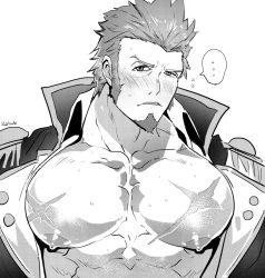 Rule 34 | ..., 1boy, abs, bara, beard, blush, facial hair, fate/grand order, fate (series), greyscale, highres, long sideburns, long sleeves, looking at viewer, male focus, military, military uniform, monochrome, muscular, napoleon bonaparte (fate), nipples, open clothes, open mouth, pectorals, rybiok, scar, sideburns, simple background, solo, sweatdrop, uniform, upper body