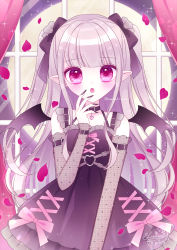 Rule 34 | 1girl, bat wings, black bow, black collar, black dress, black nails, black wings, blunt bangs, bow, collar, commentary request, curtains, detached sleeves, dress, fang, fingernails, frilled dress, frills, full moon, grey hair, hair bow, highres, himetsuki luna, long fingernails, long hair, long sleeves, looking at viewer, moon, nail polish, open mouth, original, petals, pink bow, pointy ears, purple eyes, see-through, see-through sleeves, sharp fingernails, signature, sleeveless, sleeveless dress, sleeves past wrists, solo, twitter username, two side up, very long hair, window, wings