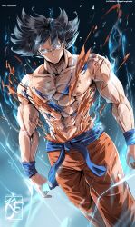 Rule 34 | 1boy, abs, absurdres, artist logo, aura, black hair, closed mouth, collarbone, dougi, dragon ball, highres, knightfang, large pectorals, muscular, muscular male, patreon username, pectorals, solo, son goku, torn clothes, twitter username, ultra instinct, white eyes
