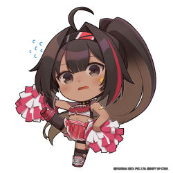 Rule 34 | 1girl, ahoge, bandaid, bandaid on arm, bandaid on knee, bandaid on leg, bay (nikke), black thighhighs, blunt bangs, breasts, brown hair, cheerleader, chibi, clothes writing, collar, commentary, cropped shirt, dark-skinned female, dark skin, english commentary, english text, flying sweatdrops, goddess of victory: nikke, gradient hair, grey eyes, highres, holding, holding pom poms, light blush, long hair, mole, mole on stomach, mole on thigh, mole under mouth, multicolored hair, official art, open mouth, pom pom (cheerleading), pom poms, red hair, red skirt, shirt, shoes, skirt, sleeveless, sleeveless shirt, sneakers, solo, spiked collar, spikes, standing, standing on one leg, star (symbol), streaked hair, thighhighs, torn clothes, torn thighhighs, totatokeke, very long hair, wavy mouth, white footwear