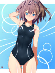 Rule 34 | 1girl, alternate costume, arm behind head, black one-piece swimsuit, blue eyes, blush, breasts, brown hair, competition swimsuit, covered navel, cowboy shot, covered erect nipples, gluteal fold, highleg, highleg swimsuit, highres, kantai collection, messy hair, one-piece swimsuit, sebunsu, sheffield (kancolle), small breasts, solo, standing, swimsuit
