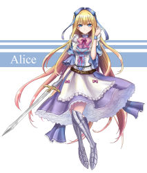 Rule 34 | 1girl, absurdres, alice (alice in wonderland), alice in wonderland, armor, blonde hair, blue bow, blue eyes, blush, bow, breasts, character name, closed mouth, full body, hair bow, highres, holding, holding sword, holding weapon, large breasts, long hair, looking at viewer, pink bow, seungju lee, smile, solo, sword, weapon