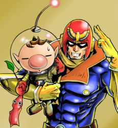 Rule 34 | 2boys, abs, brown hair, captain falcon, carrying, f-zero, gloves, grin, helmet, koma (side), leaf, lowres, male focus, multiple boys, muscular, nintendo, nose, olimar, pikmin (creature), pikmin (series), pointy ears, salute, scarf, smile, spacesuit, super smash bros., sweatdrop, two-finger salute