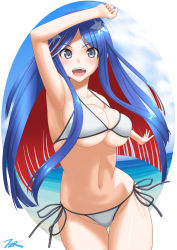 Rule 34 | 1girl, arm up, bikini, blue hair, blue sky, breasts, cleavage, cloud, commentary request, cowboy shot, grey eyes, halterneck, highres, kantai collection, large breasts, long hair, looking at viewer, multicolored hair, navel, ocean, parted bangs, red hair, side-tie bikini bottom, sky, solo, south dakota (kancolle), star (symbol), string bikini, swimsuit, t2r, white bikini, white hair