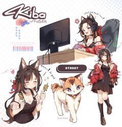 1girl anger_vein animal_ears bag black_bag black_choker black_dress black_socks bow breasts brown_hair brown_shoes cat cat_ears cat_girl chair character_name choker cleavage closed_eyes closed_mouth colored_inner_hair commentary commission dress eating english_commentary english_text gaming_chair hair_bow hair_intakes handbag headphones indie_virtual_youtuber jacket kiba_(k1bakun) kneehighs kuri_(animejpholic) loafers long_hair looking_at_viewer medium_breasts monitor multicolored_hair multiple_views off-shoulder_jacket off-shoulder_shirt off_shoulder open_mouth pinafore_dress pleated_dress purple_eyes red_bow red_jacket second-party_source shirt shoes simple_background sleeveless sleeveless_dress smile socks swivel_chair white_background white_shirt