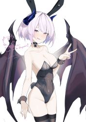 Rule 34 | 1girl, animal ears, bare shoulders, black leotard, black thighhighs, blush, breasts, cleavage, collared shirt, commission, covered navel, cowboy shot, english text, fake animal ears, fake tail, fataaa, groin, hand up, highres, horns, large breasts, leotard, looking at viewer, open mouth, original, pink eyes, pink hair, playboy bunny, rabbit ears, rabbit tail, shirt, short hair, simple background, skeb commission, smile, solo, sweatdrop, tail, thighhighs, v, white background, wings, wrist cuffs