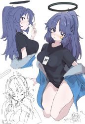 Rule 34 | alternate hairstyle, bare legs, black shirt, blue archive, blue jacket, breasts, buruma, from side, full body, halo, highres, id card, jacket, lanyard, light blush, looking at viewer, medium hair, multiple views, ocha (popopogg), off shoulder, official alternate costume, one eye closed, ponytail, purple eyes, purple hair, seiza, shirt, simple background, sitting, sketch, star (symbol), upper body, v, white background, white jacket, yuuka (blue archive), yuuka (track) (blue archive)