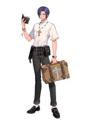 Rule 34 | 1boy, absurdres, artist request, black footwear, black survival, blue hair, book, cross, cross necklace, dark blue hair, full body, grey eyes, hand up, highres, holding, holding book, holding suitcase, jewelry, johann (black survival), looking at viewer, male focus, necklace, official art, pants, parted lips, shirt, shoes, short hair, short sleeves, simple background, socks, solo, standing, suitcase, transparent background, white shirt, white socks