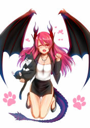 Rule 34 | 1girl, ;d, black cat, black skirt, blush, borrowed character, cat, collarbone, cross, cross necklace, dragon girl, dragon horns, dragon tail, dragon wings, fang, fins, full body, hair between eyes, head fins, heart, horns, jacket, jewelry, jumping, kashiru, long hair, looking at viewer, miniskirt, monster girl, necklace, one eye closed, open clothes, open jacket, open mouth, original, pencil skirt, pink hair, red eyes, skirt, smile, solo, strapless, suit jacket, tail, tube top, wings