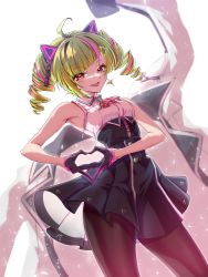 Rule 34 | 1girl, ahoge, ascot, black pantyhose, black skirt, breasts, collared shirt, delutaya, drill hair, earrings, fang, gloves, green hair, heart, heart hands, high-waist skirt, highres, indie virtual youtuber, jewelry, looking at viewer, medium hair, multicolored hair, open mouth, pantyhose, pink hair, red eyes, shirt, skirt, sleeveless, sleeveless shirt, small breasts, solo, standing, taka t, twin drills, virtual youtuber