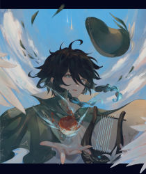 Rule 34 | 1boy, absurdres, androgynous, beret, black hair, blue hair, braid, cape, cloud, cloudy sky, collared cape, comet, day, feathered wings, flower, frilled sleeves, frills, genshin impact, gradient hair, green eyes, green hat, hat, hat flower, highres, holding, holding instrument, instrument, leaf, long sleeves, looking at viewer, lyre, male focus, multicolored hair, open mouth, outdoors, qiqi~, ripping, shirt, short hair with long locks, sky, solo, twin braids, venti (genshin impact), white flower, white shirt, wind, wings