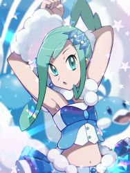 Rule 34 | 1girl, :o, altaria, arm behind head, arm up, armpits, artist name, blurry, blurry background, clenched hand, creatures (company), eyelashes, eyes visible through hair, fur cuffs, game freak, gen 3 pokemon, green eyes, green hair, hair ornament, highres, jeri20, lisia (pokemon), looking at viewer, navel, nintendo, open mouth, pokemon, pokemon (creature), pokemon oras, star (symbol), watermark